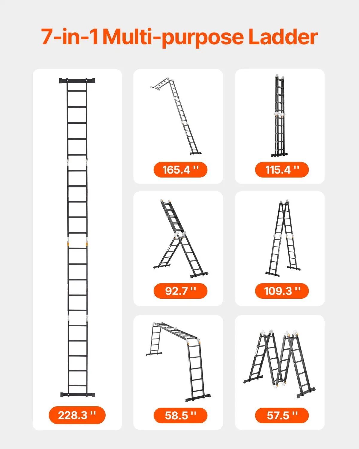 Multi-Purpose Folding Ladder, 7-in-1 Tall Extension Step, A Frame 5 Telescoping, 19ft Reach Height Heavy Duty Adjustable, 330