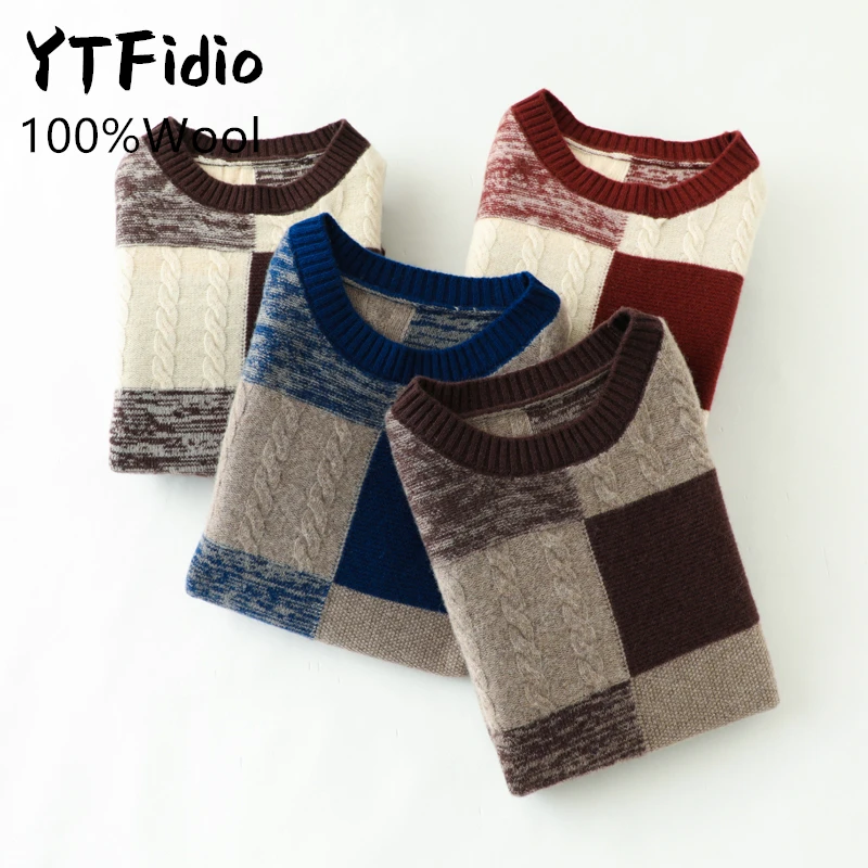 YTFidio 100% Wool Women Nine-Square Grid Pullover O-neck Thickening Pattern stitching Sweaters Solid Pullover Knitwear Basic 181