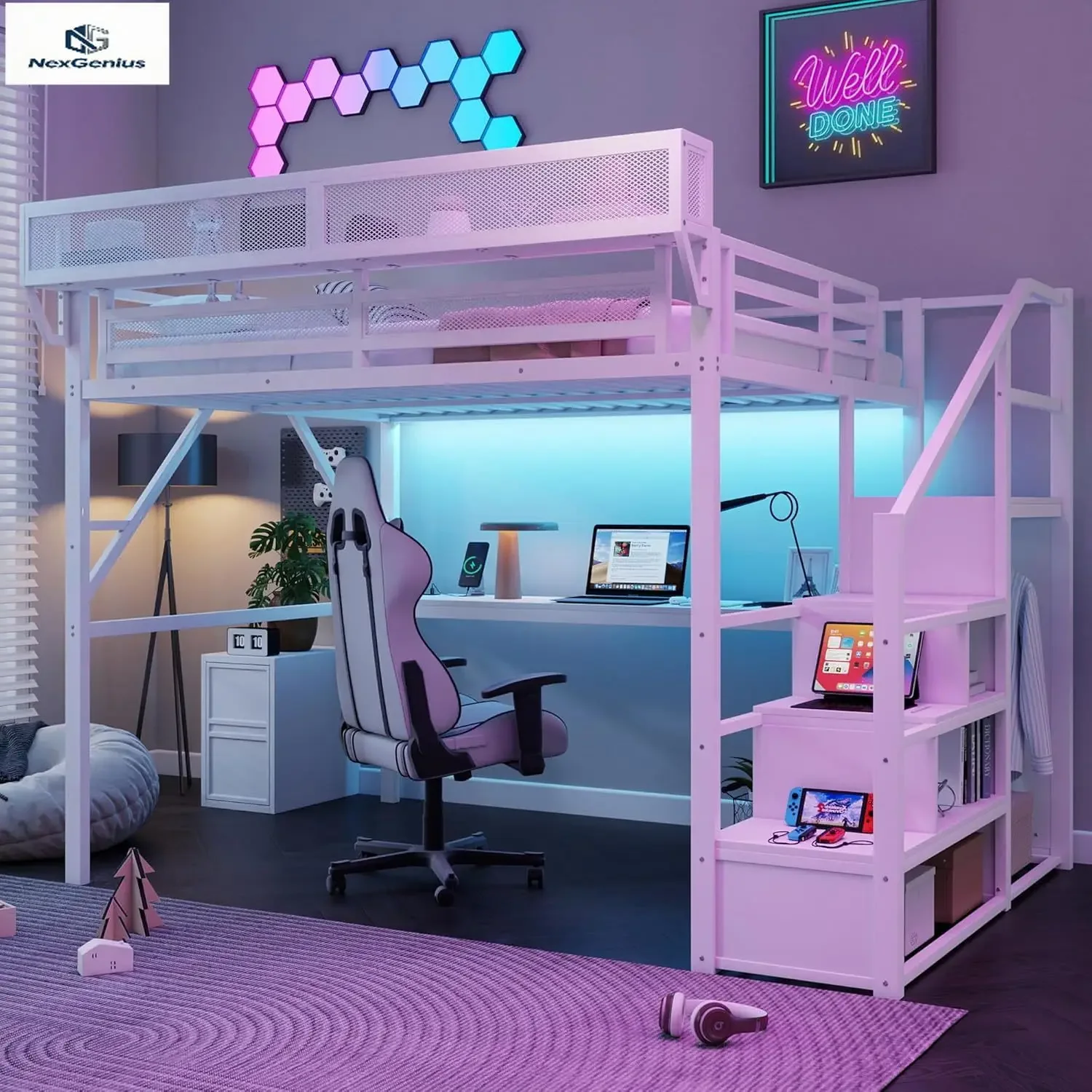 Queen Loft Bed with Desk and Stairs, Metal Lofts Bed Queen Size with Upper Storage Shelf, Gaming LoftBed with LED, Charging Stat
