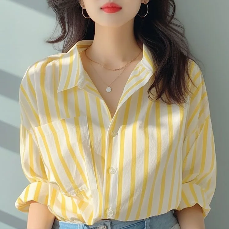 Versatile Fresh Loose Women's Sun Protection Top 2026 Summer Women's Fashion Casual Yellow White Striped Thin Long Sleeved Shirt