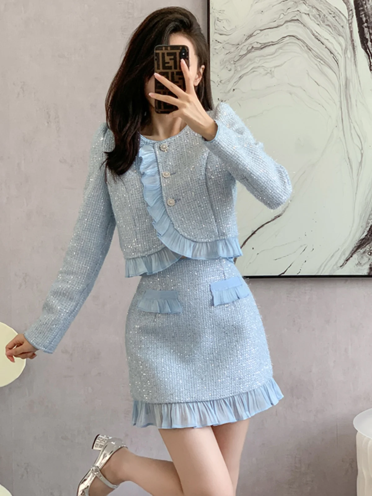 Women's Small Fragrant Whole Sets 2024 Autumn Winter Feminine New Trendy Tweed Long Sleeve Jacket Women's Solid Color Hip Skirts