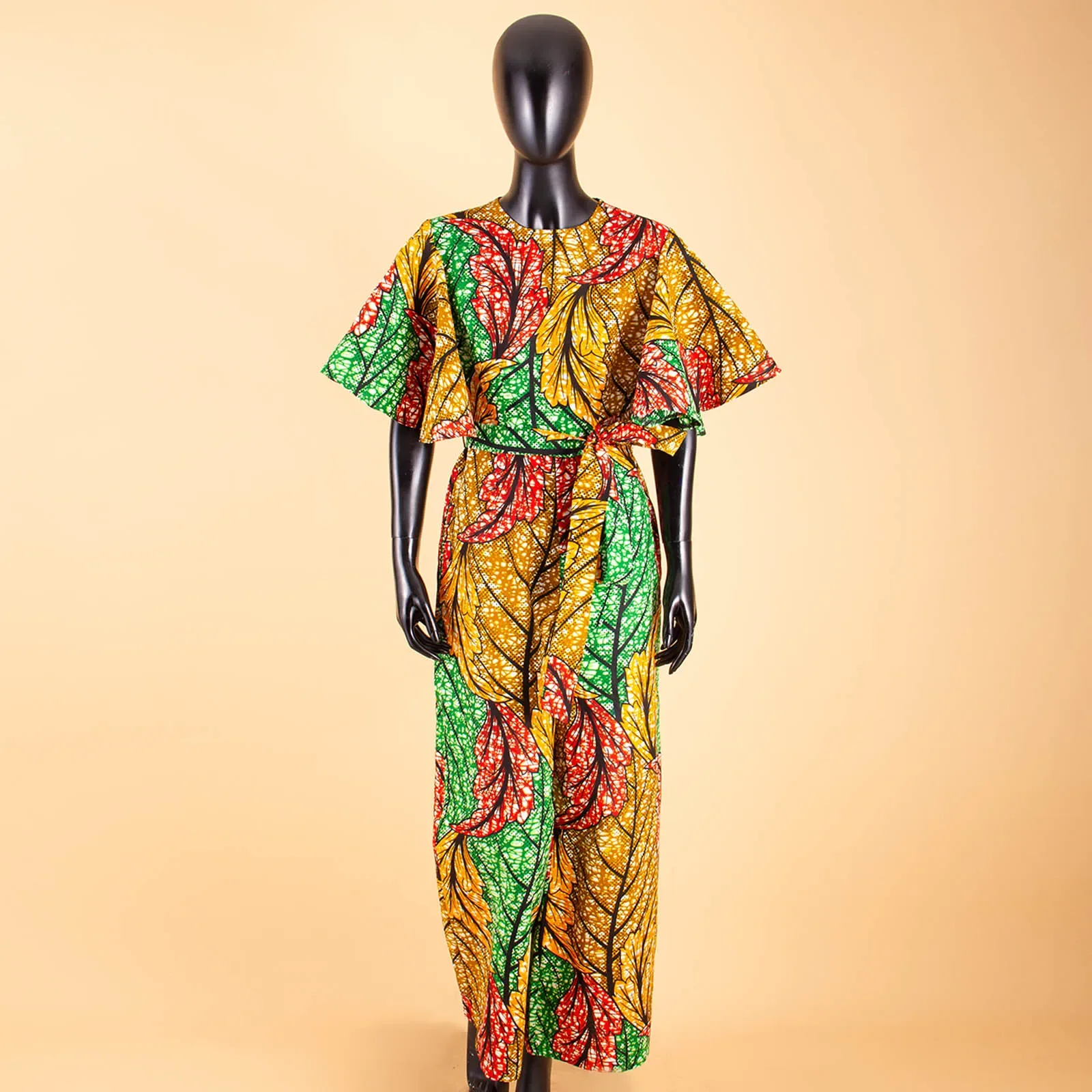 African Clothes for Women Jumpsuit Bodysuit Ankara Clothing Print Outfits Short Sleeve O-Neck Casual Wear with Belt A1829009