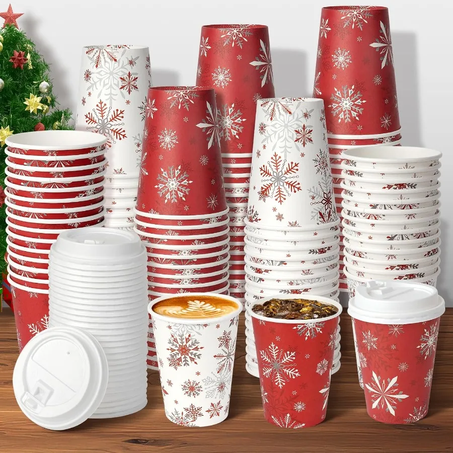 100Set Christmas Paper Cups with Lids 12oz Bulk Disposable Winter Red Snowflake Cups for Hot Chocolate Cold Drinks Ideal Holida