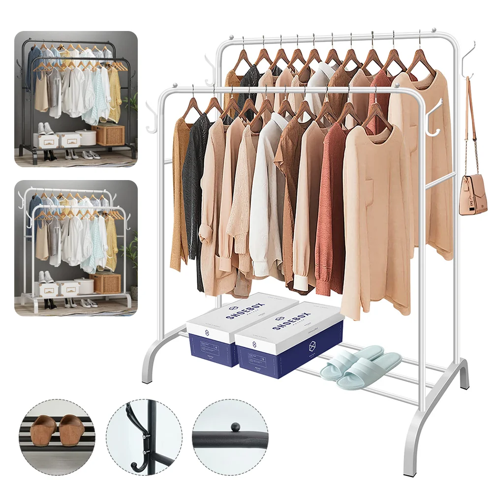 Doppelter Schienen-Kleiderständer, stehend, Kleiderstange, Schuhregal, Aufbewahrungsregal, Wand-Kleiderständer für Kleiderschrank, Zimmer, Schlafzimmer, Wohnzimmer