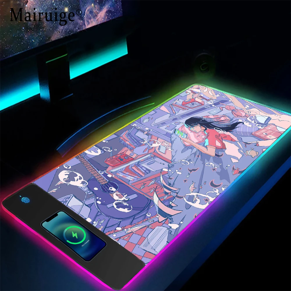 Mairuige Wireless Charging Mouse Pad Anime Boys City Clouds Sky Cityscape Homestuck Kids Carpet Laptop Accessories Anime Rug