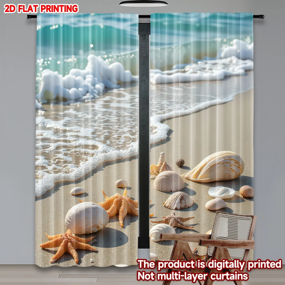 

2D flat printing 2pcs Window Curtains Seashells on Sandy Shore Digital Printed Polyester Drapes Festive Curtains for Festive for