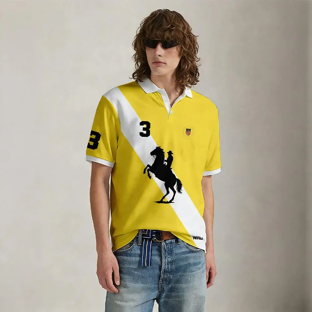 New Black And White Stripe Polo Shirt Men's WIFRU Summer Equestrian Print Casual Lapel Top Outdoor Sports Breathable Golf Shirt