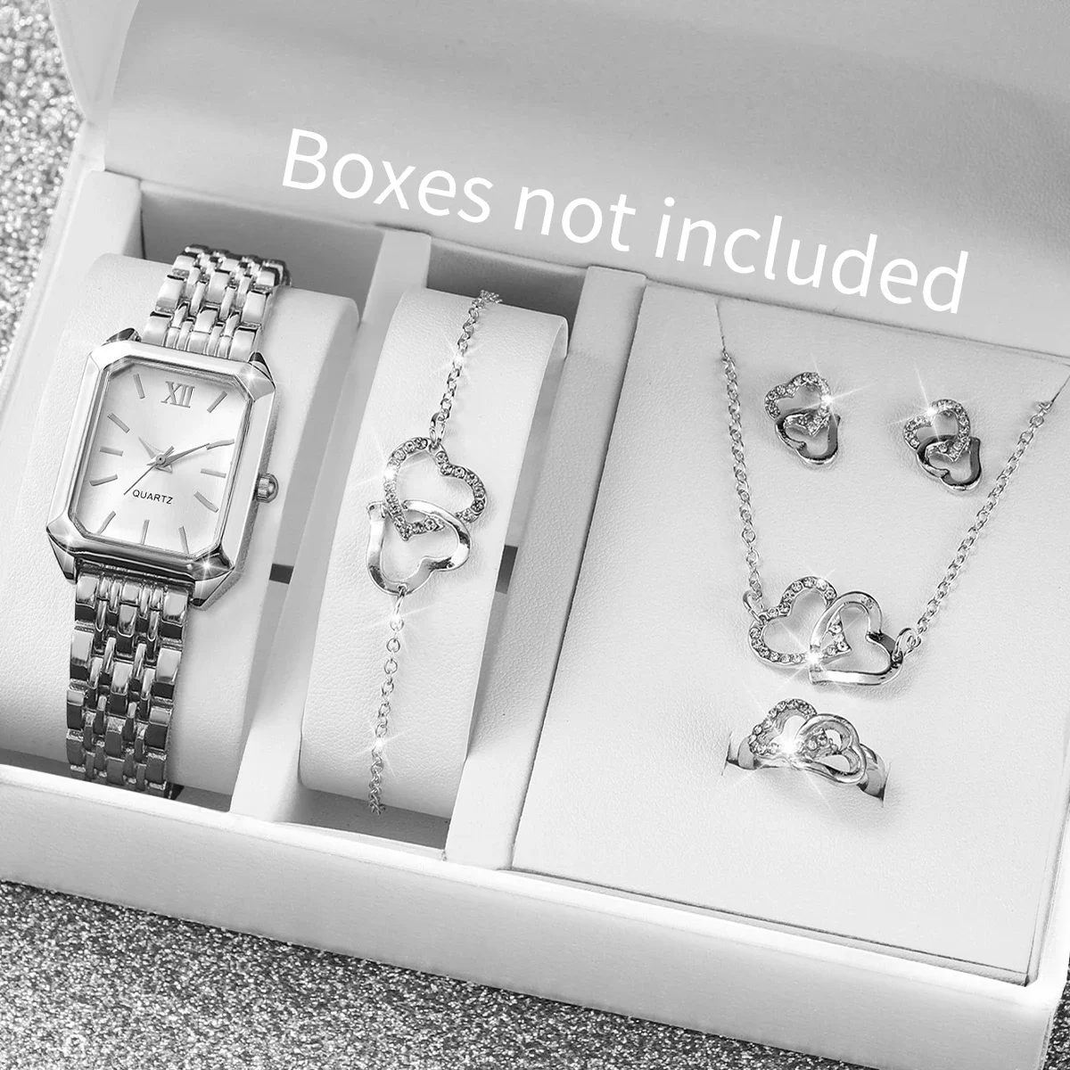 6PCS Fashion Rectangle Women Watches Heart Jewelry Set Ladies Quartz Wristwatches Reloj Mujer Girls Clock Gift (Without Box)
