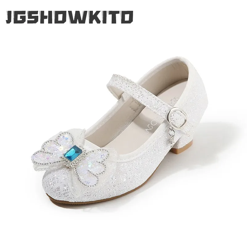 JGSHOWKITO Girls Princess Shoes High Heeled Sequined with Crystal Bow-knot Sweet Kids Shoes for Wedding Party Chic Pretty Soft