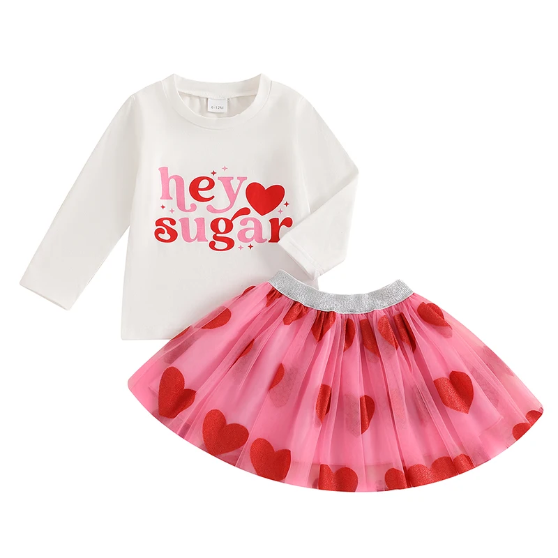 Toddler Girl Valentine Outfit Letter Print Long Sleeve Shirt and Heart Print Mesh Tulle Skirt Set for Baby Cute Clothes