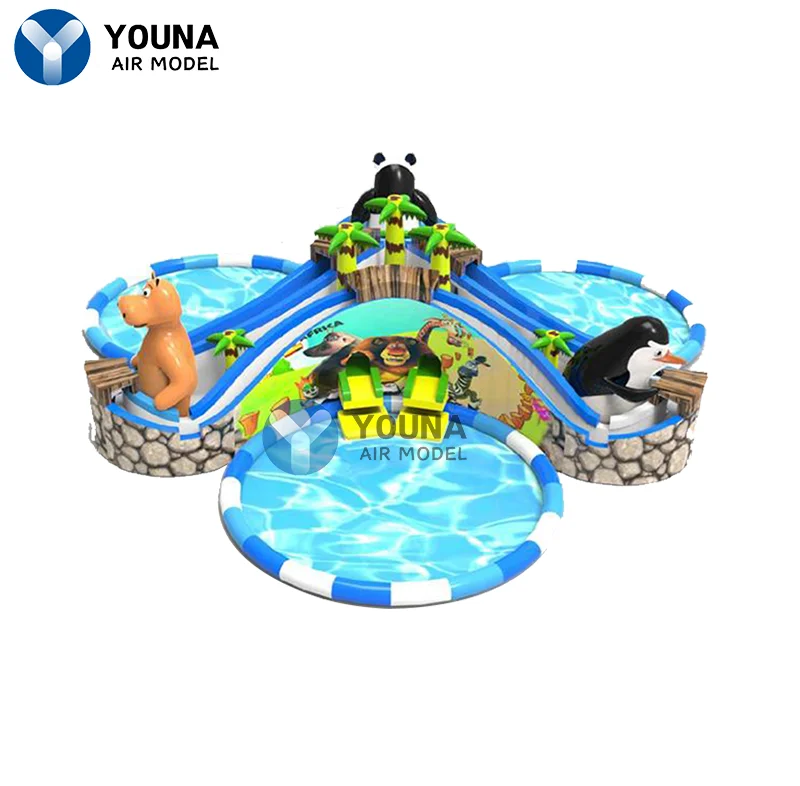 Commercial Inflatable Water Slide, Blue Color Tropical Theme, Dual Lane with Swimming Pool, Water Park for Child and Adult, Sale