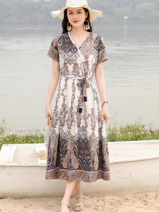 

Faionable Summer Dr Long Cotton Silk Loose Knee-Length Floral Print Women's Mid-Aged And ly Clothing Ethnic Sle