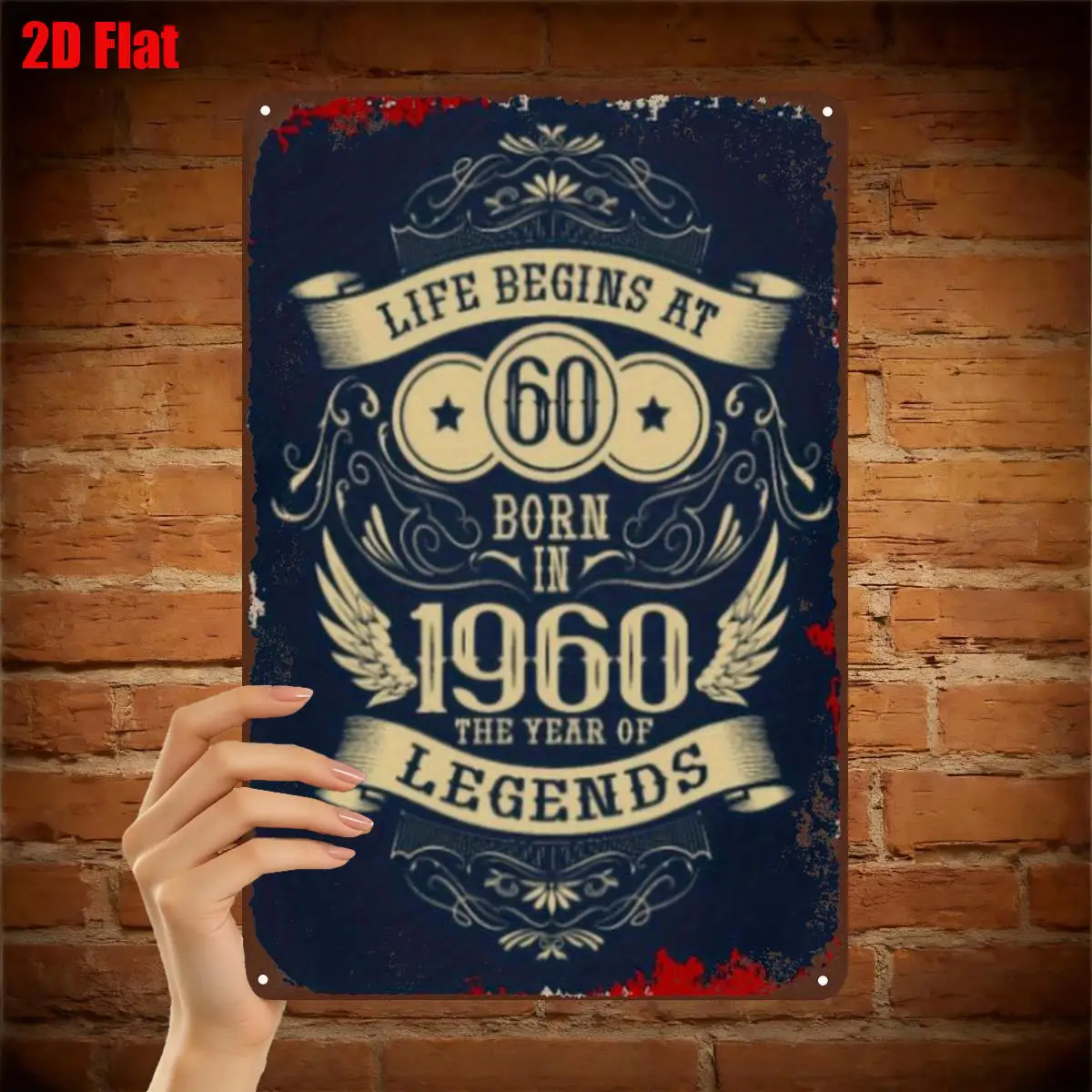 2D Flat Retro Aluminum Wall Plaque Born in 1960 Life Begins at 60 60th Birthday Celebration Decor