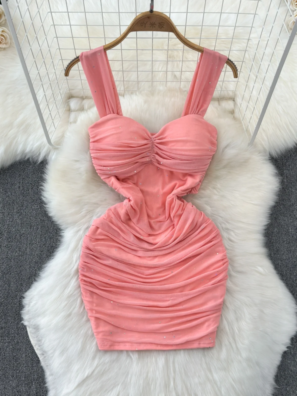 Foamlina Romatic Sexy Suspender Dress Pink Women's Summer Folds Waist Skinny Hips Sexy Mini Short Skirt Dress Girls