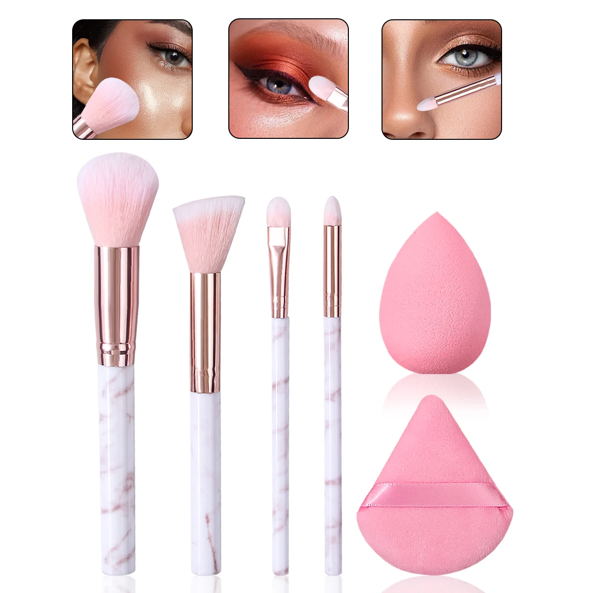 Juego de brochas de maquillaje profesional de 6 piezas con esponja, brochas de nailon suave para rostro/contorno/ojos/blush, kit de regalo cosmético premium para mujeres