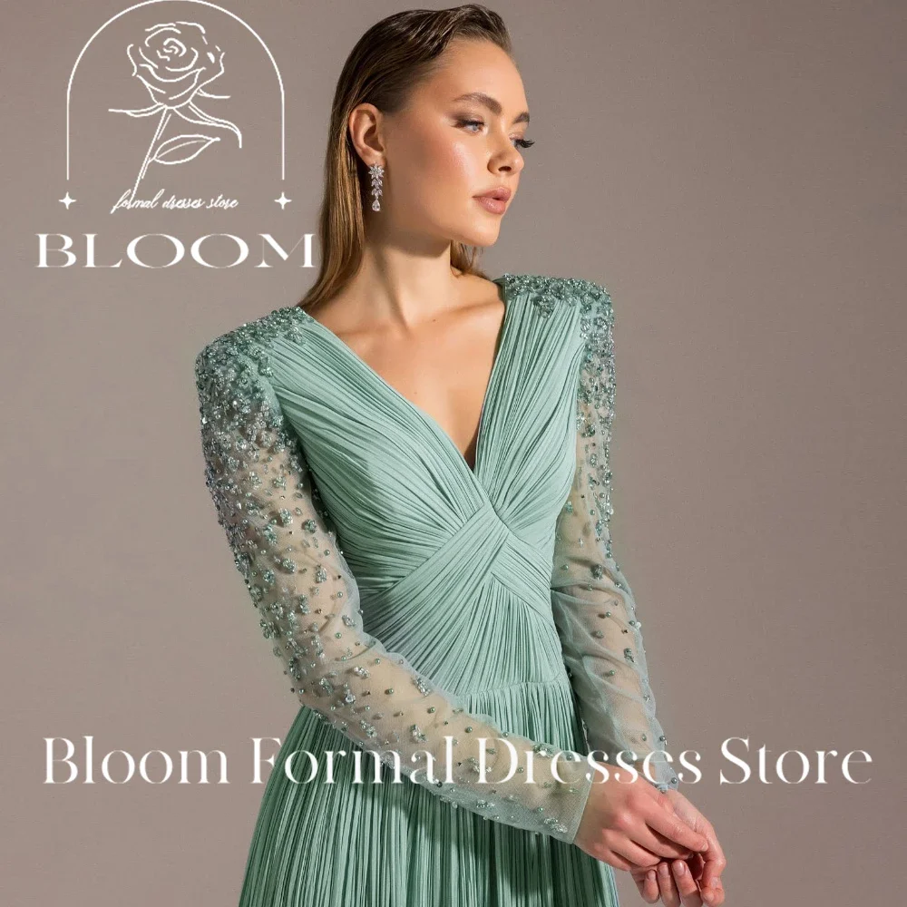 ブルームカスタマイズされた V ネック長袖ビーズプリーツロングイブニングドレスエレガントなフォーマルガウンスタイリッシュでユニークなグラマラス魅力的