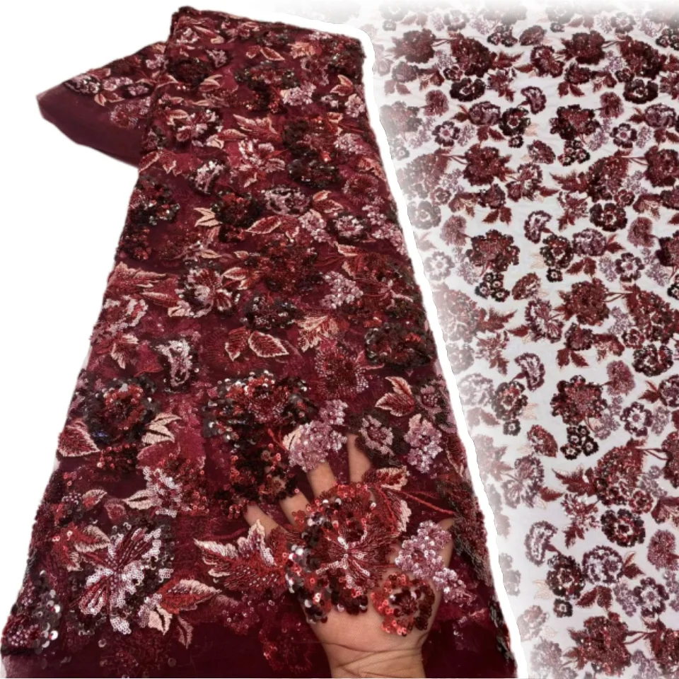 3D Nigerian Tulle Lace Fabric 2026 High Quality African Sequins Beaded Lace Fabric For Women Evening Party Dress Sewing 2832