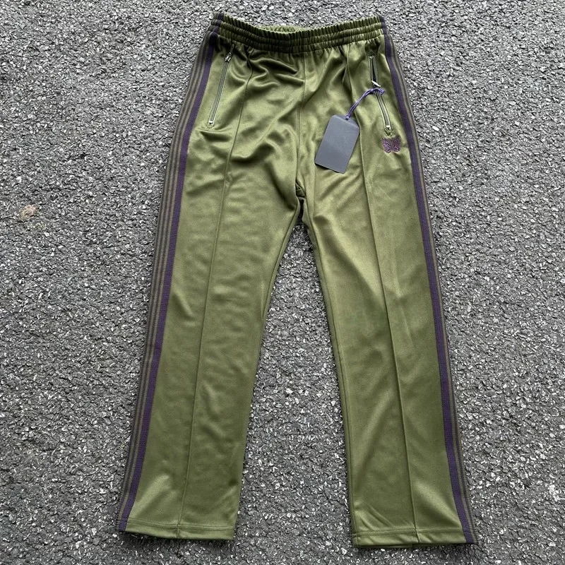 

2024ss Olive Green Butterfly Embroidery Pants Men Women 1:1 Tags Jogger Drawstring Striped Pants Casual Straight Pants