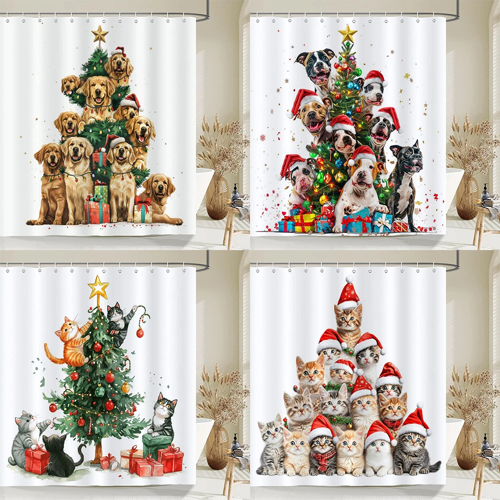 

Merry Christmas shower curtain printed shower curtain Christmas cat and dog bathroom curtain home decoration curtain with hooks