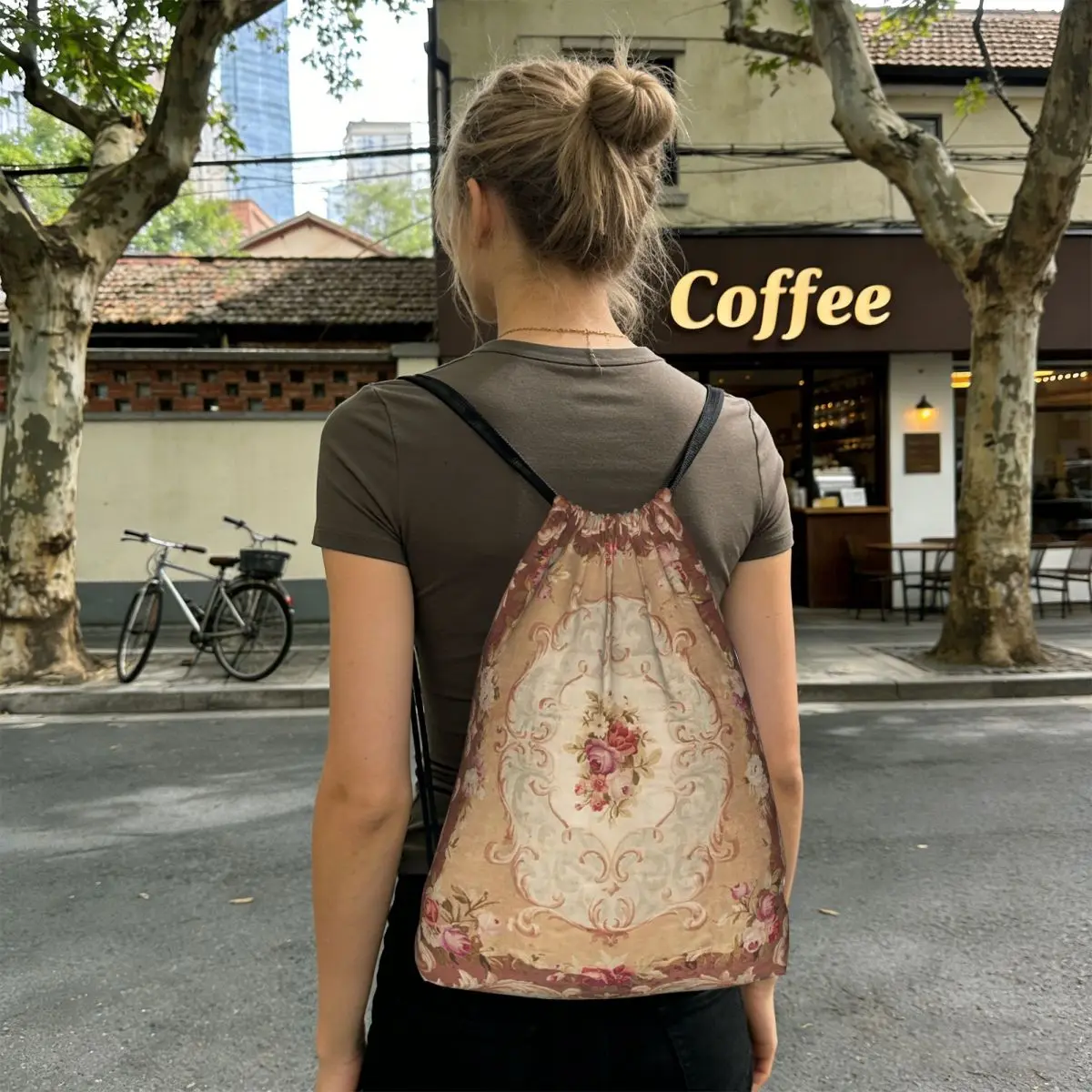 Antique Rose Floral French Aubusson Rug Print Backpacks Multi-function Drawstring Bags Shoes Bag Book Bags for Travel School