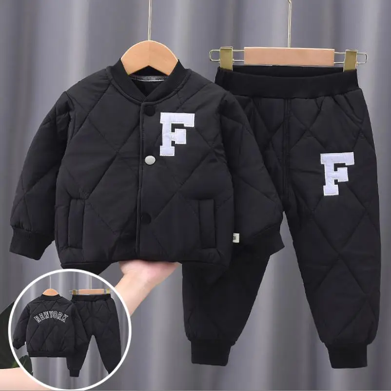 Children Set Winter Plush Thickened Cotton 1-7Y 2023 New Splicing High Collar Pullover+Pant Boys Girls Warm Suits Kids Clothes