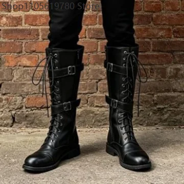 Medieval Renaissance Mens Tall Cosplay Boots Black Faux Leather Lace Up Buckle Knee Boots Pirate Role Play Footwear For Party