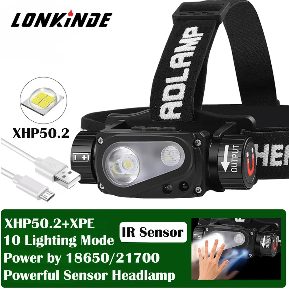 

XHP50.2 LED Headlamp Sensor Headlight Flashlight 5000mAh 21700 USB Rechargeable Outdoor Head Lamp Torch for Fishing Camping