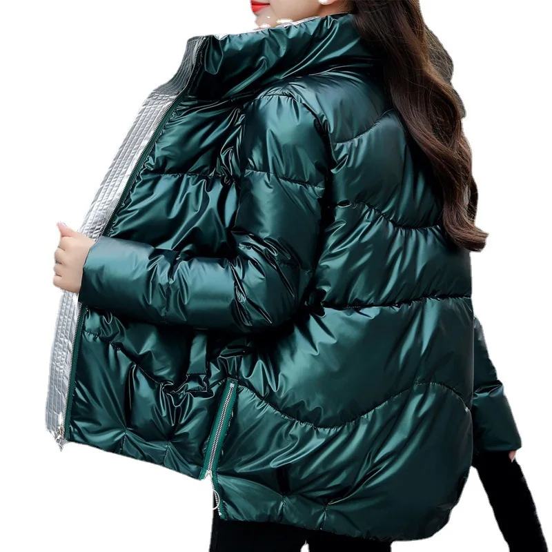 Winter Stand Collar Jacket Long Sleeve Ladies Shiny Parka Coat Loose Large Size Cotton Jacket Warm Solid Color Slim Coat Women