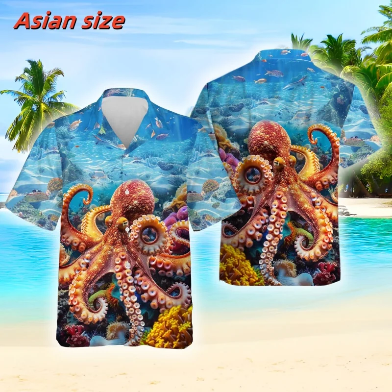 Mysterious Tentacle Pattern Hawaiian Shirt For Men Marine Life 3D Print Blouse Summer Loose Short Sleeve Lapel Tops Aloha Shirts