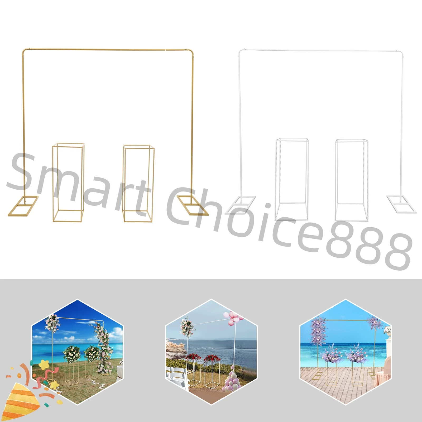 

2x2m Wedding Backdrop Arch Stand&2 Pcs 27x27x80cm Balloon Flower Stands Gold/White Steel Garden Plant Climbing Frame Party Decor