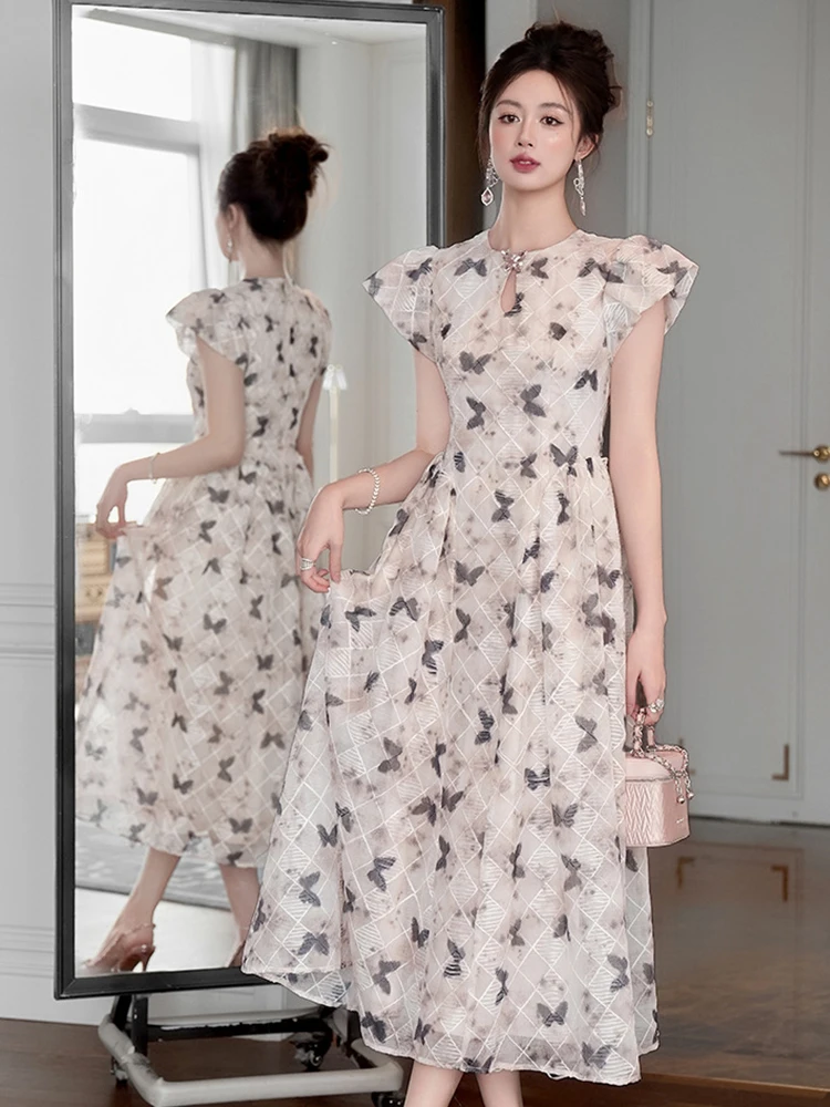 Abiti lunghi Qipao alla moda per le donne Abito cheongsam a pieghe dolce Stampa Hollow Cut Out Party Robe Abiti da sera da ballo femminili