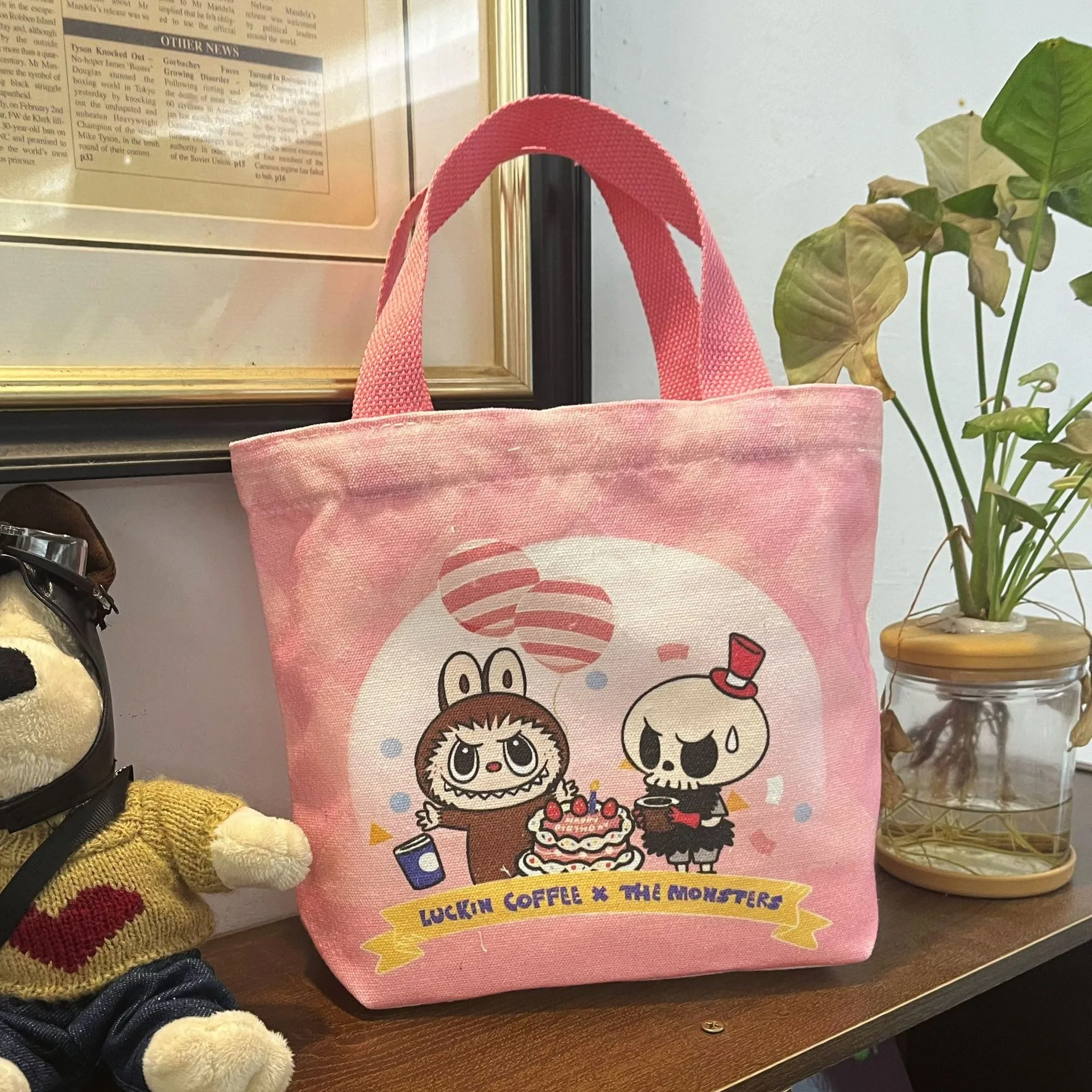

Pink Labubu Canvas Bag Female Cute Cartoon Shopping HandBag Casual Student Shoulder Bag The Monsters Crossbody Bags