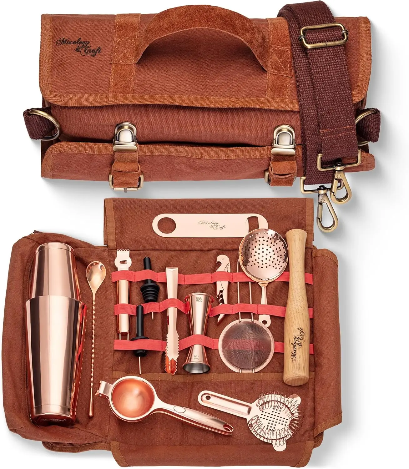 

Профессиональный набор из 17 медных барных инструментов с портативной сумкой для удобной переноски и приготовления коктейлей дома и в путешествиях