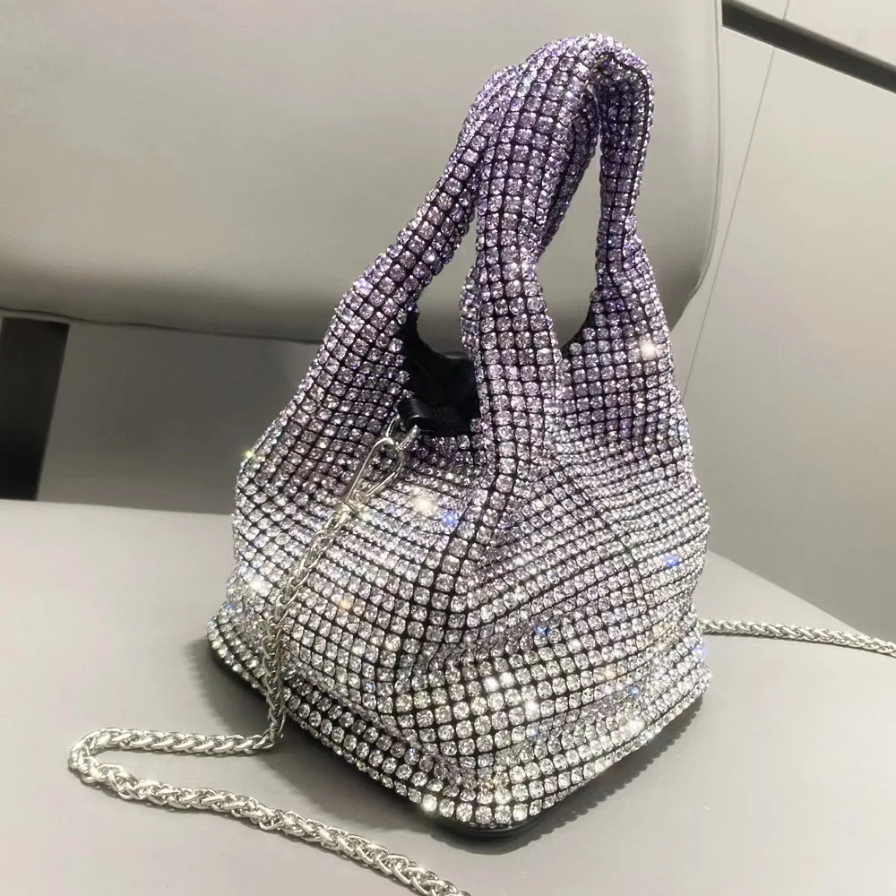 Gradient Color Full Diamond Bucket Bag for Women 2023 New Diamond Bucket Bag Rhinestone Chain Bag Hand-held Crossbody Bag