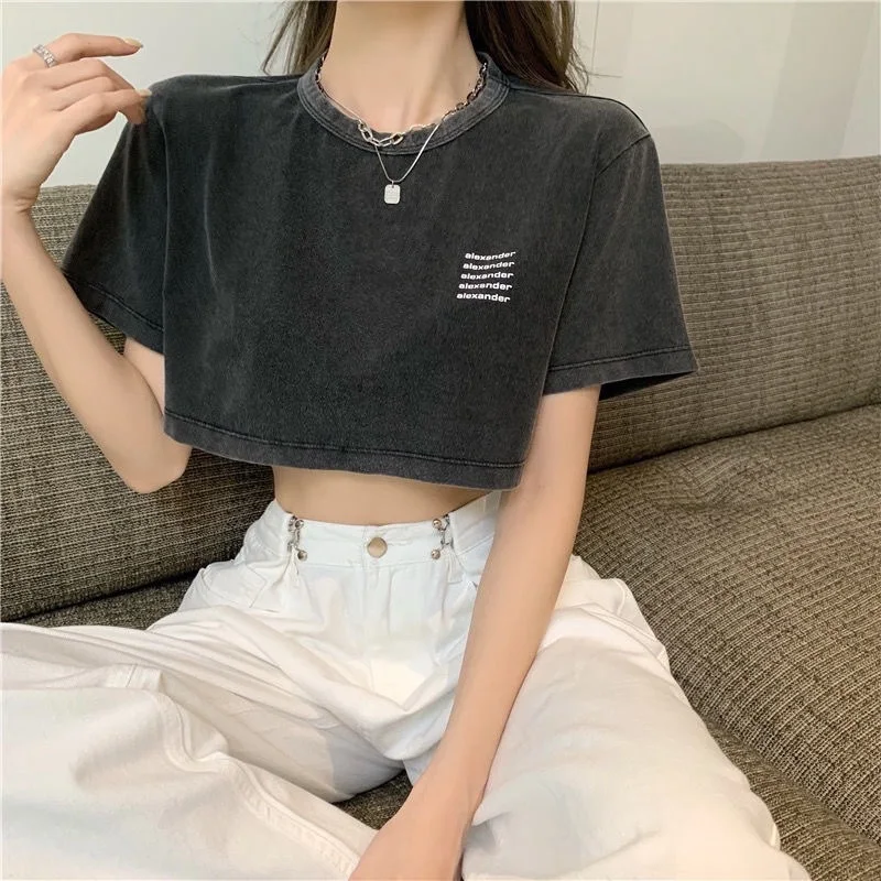 Summer 2026 Women's Distressed Short Sleeve T-shirt Ultra-short Spicy Girl Exposure Belly Top Cotton round Neck Regular Sleeve