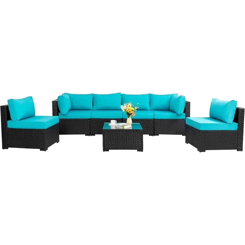 Black PE Wicker Furniture Conversation Sets with Washable Cushions & Glass Coffee Table,Outdoor Patio Sectional Sofa Couch