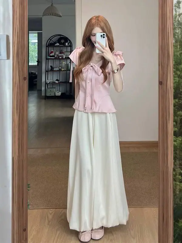 

Summer Fashion Satin Knot Top Half Skirt Set Waist Cinched Shirt Elegant Two Piece Set Women's Casual Style