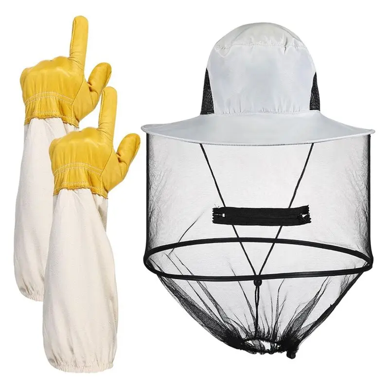 ABRU-Bee Keeping Accessories Includes Thick Goatskin Leather Gloves, Ventilated Sleeves, And Bee Keeper Fence Hat