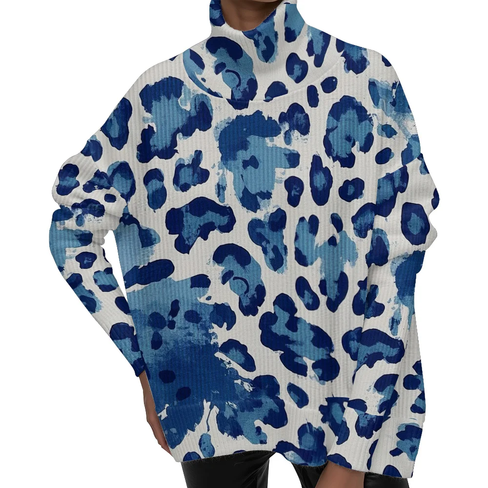 

Свитер с высоким воротником с леопардовым принтом, золотой, черный топ с длинными рукавами и животным узором, уютный пуловер с высоким воротом, модный повседневный осенний тренд