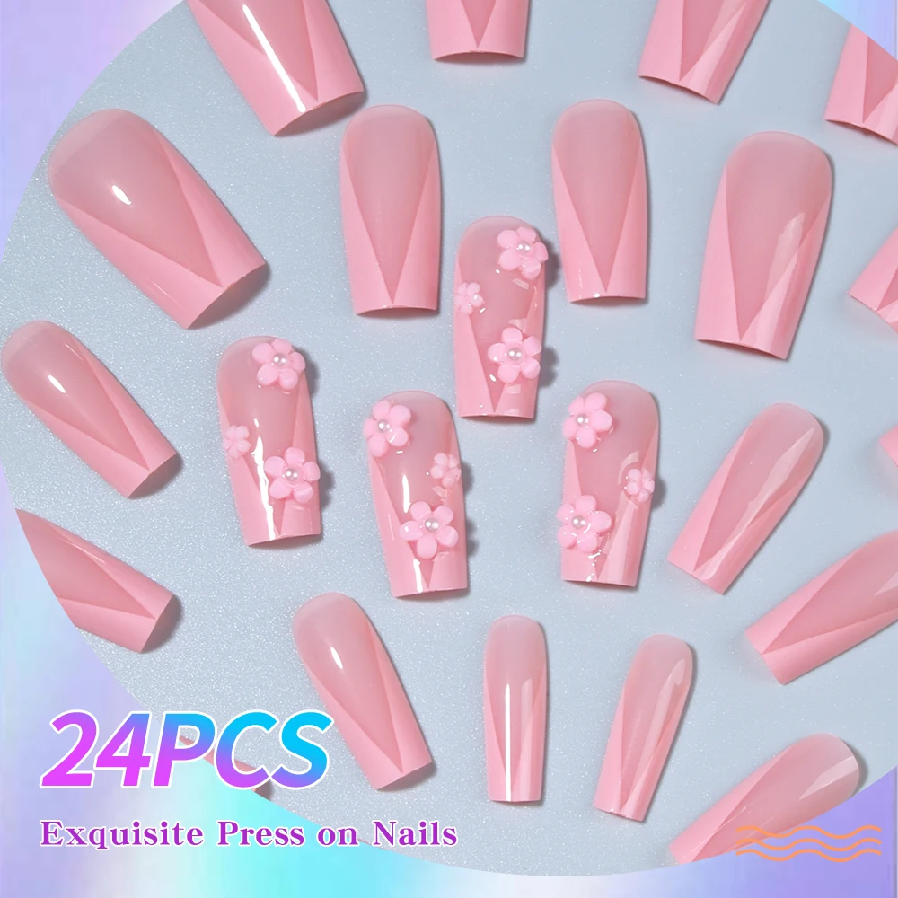 24 قطعة/المجموعة اضغط على أطراف الأظافر تزيين بالأزهار الوردية الفرنسية الاكريليك وهمية الأظافر، تناسب تماما وتصميم متوسط الطول للحلقة
