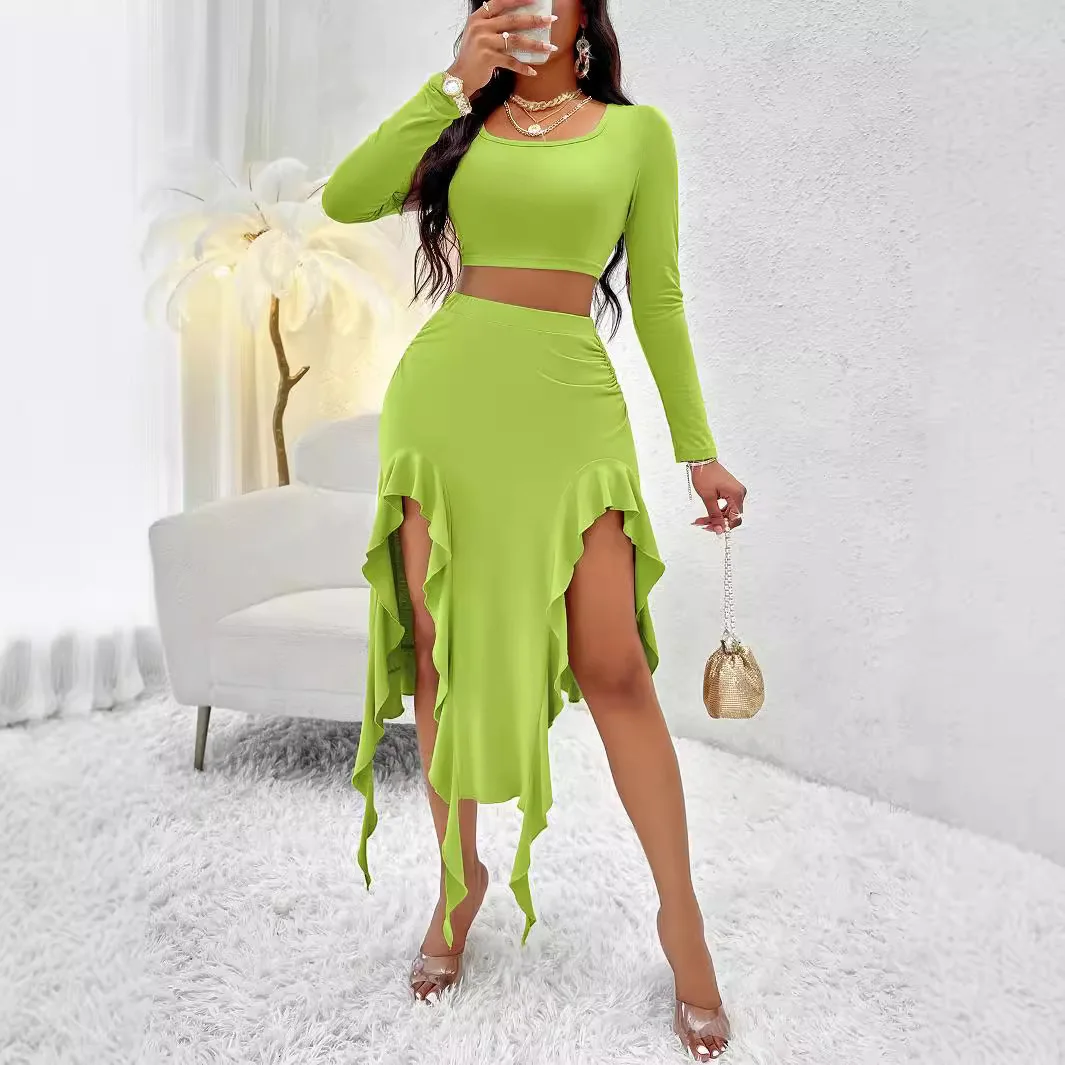 

Средний и длинный однотонный топ с круглым вырезом и длинными рукавами, юбка с рюшами, весенне-летняя новая модная женская одежда