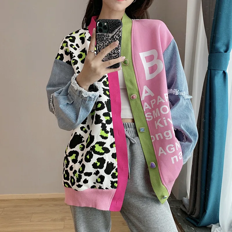 

Temperament Denim Spliced Contrast Color Leopard Jacquard Sweater Cardigan Women's Loose Knitted Jacket 2025 new Autumn