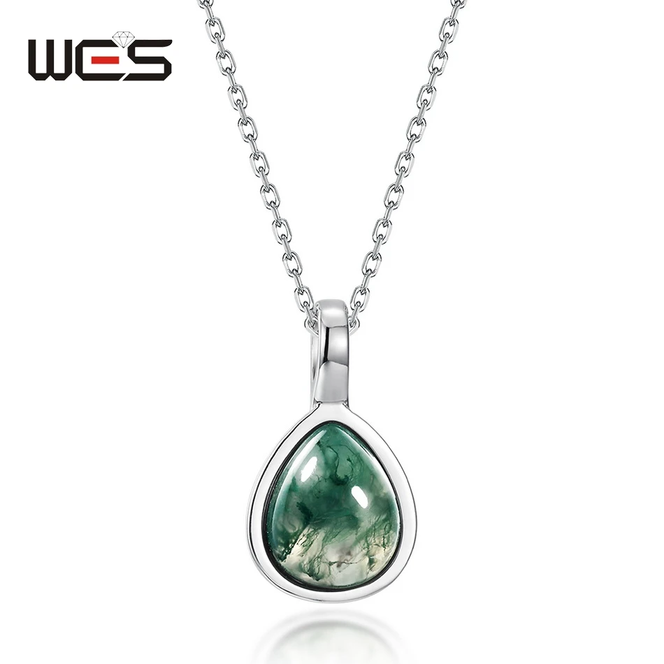 

WES 925 Sterling Silver Waterdrop Pendant Necklace for Woman Natural Gemstone 11*12mm Moss Agate Wedding Gifts Fine Jewelry