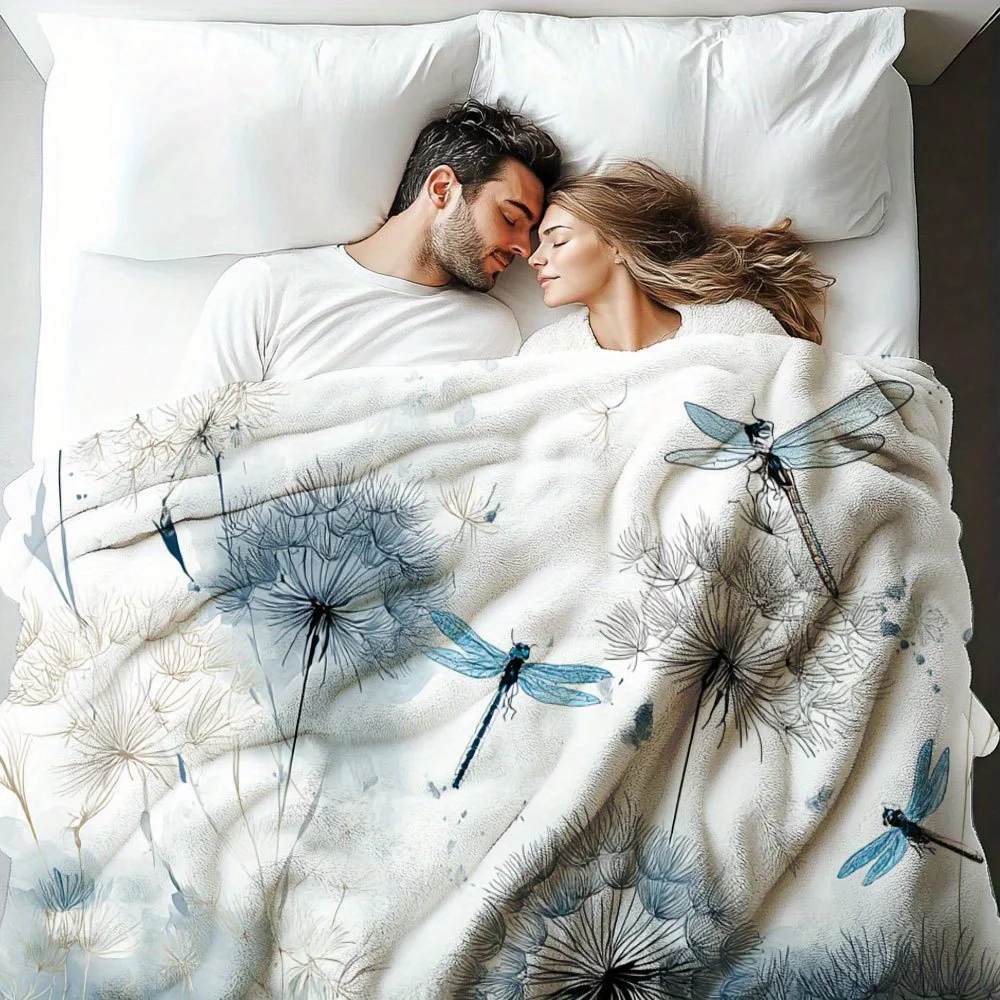 Elegant Dragonfly Dandelion Print Throw Blanket, Ultra Soft Cozy Blanket for Sofa Bed, Versatile Seasonal Home Decor Gift
