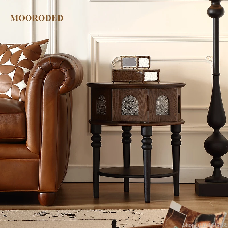 

French Vintage Side Table - Solid Ash Wood End Table for Sofa & Living Room