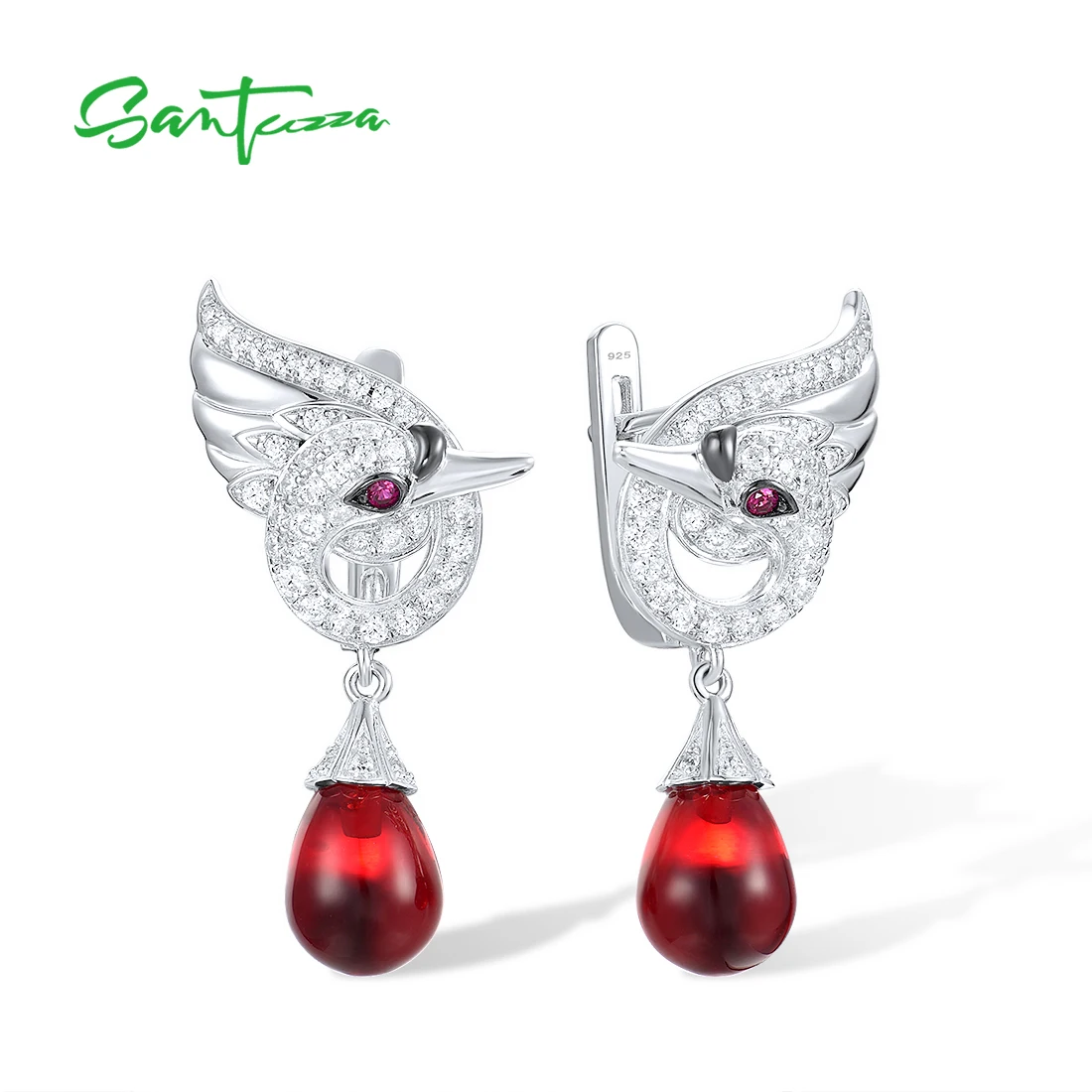 

SANTUZZA Authentic 925 Sterling Silver Swan Earrings For Women White CZ Red Glass Created Ruby Dangling Fine Elegant Jewelry