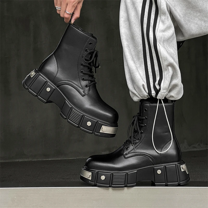 

2026 New Trendy Men's Boots Ruffian Handsome Motorcycle Boots Leather Heightened Thick-soled Men's High-top British Style