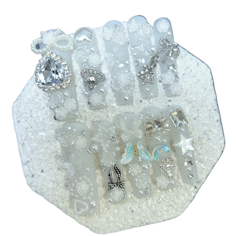 10PCS Cute Jirai Kei White Handmade Press On Nails 3D Bow Star Rose Love Diamond Glitter Fake Nails Spicy Girl Y2K Long Nail Art view 5