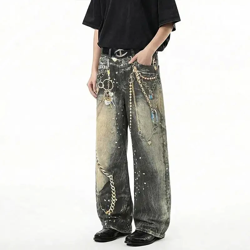 2026 Summer Floral Season American Style Chain Print Jeans For Men Vintage Washed Casual Straight Leg Denim Pants High Street St