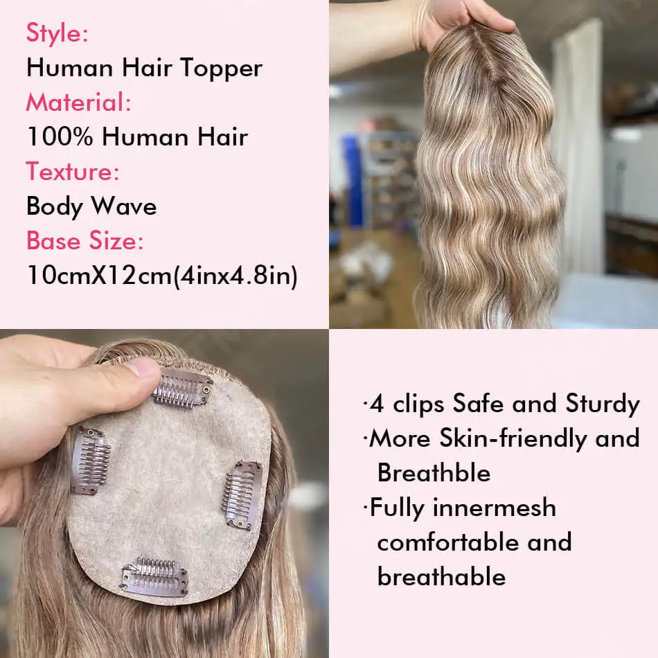 10x12CM Human Hair Toppers For Women Brown Balayage Blonde Remy Human Hair Topper HairPieces With 4 Clips In Body Wave Toppers